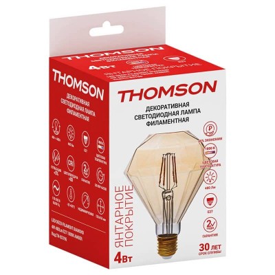 Лампа светодиодная филаментная Thomson E27 4W 1800K бриллиант прозрачная TH-B2196 - изображение 3 Лампа светодиодная филаментная Thomson E27 4W 1800K бриллиант прозрачная TH-B2196 - изображение 3