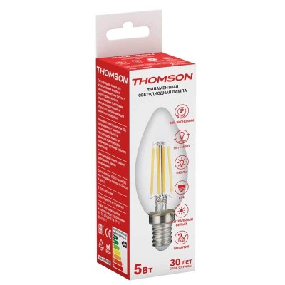 Лампа светодиодная филаментная Thomson E14 5W 4500K свеча прозрачная TH-B2066 - изображение 2 Лампа светодиодная филаментная Thomson E14 5W 4500K свеча прозрачная TH-B2066 - изображение 2