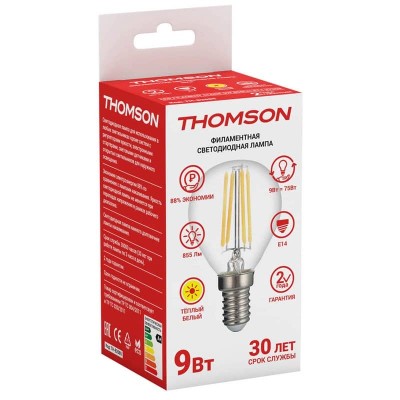 Лампа светодиодная филаментная Thomson E14 9W 2700K шар прозрачная TH-B2085 - изображение 2 Лампа светодиодная филаментная Thomson E14 9W 2700K шар прозрачная TH-B2085 - изображение 2